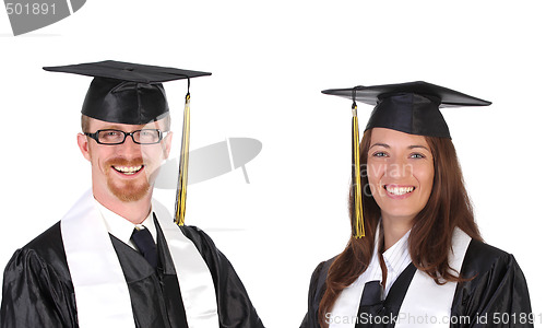 Image of two successful student in graduation gowns 