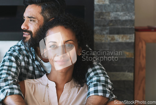 Image of Love, hug and portrait of couple in home for commitment, loving embrace and trust in living room. Dating, marriage and face of man and woman smile for intimate moment, happy and together for romance