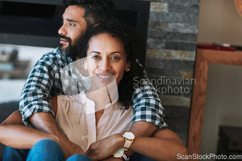 Image of Marriage, love and portrait of couple in home for commitment, loving embrace and trust in living room. Relationship, romance and face of man and woman smile for intimacy, happy and support at house