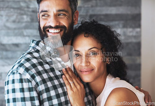 Image of Love, hug and portrait of couple in home for commitment, loving embrace and trust in living room. Relationship, marriage and face of man and woman smile for intimate moment, happy and romantic bond