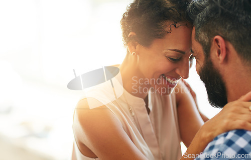 Image of Love, hug and face of couple with lens flare for commitment, embrace and trust outdoors. Marriage, mockup space and happy man and woman smile for romance on holiday, vacation and happiness together