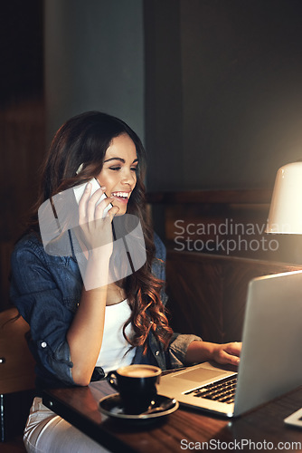 Image of Night work, happy and a woman on a phone call with a laptop for communication and email at a coffee shop. Cafe, contact and a young employee talking on a mobile for networking with a pc in the dark