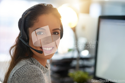 Image of Call center, smile or portrait of happy woman at computer for customer service, help desk or consulting. CRM, mockup or ecommerce consultant in office for contact us, telemarketing or receptionist