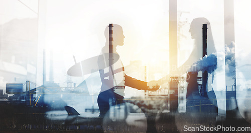 Image of Silhouette, handshake and double exposure with business people in office for corporate, company and teamwork. Contract, deal and partnership with employee in for support, development and meeting