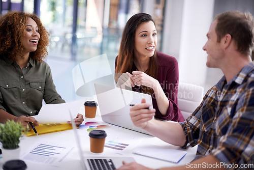 Image of Business people, budget and planning strategy in group with thinking, talking and ideas. Group, startup team and happiness in conversation with men, women and financial graph documents for teamwork