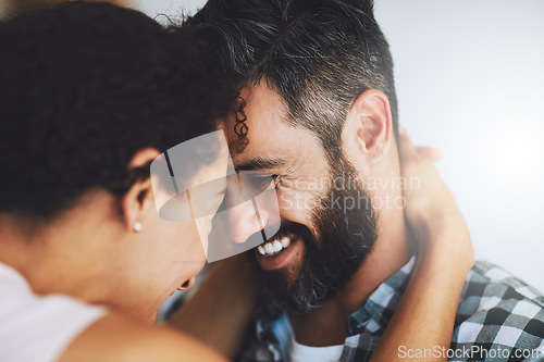 Image of Happy, marriage and face of couple in home for commitment, loving embrace and trust for bonding. Love, relationship and man and woman smile together for romantic moment, care and intimacy in house