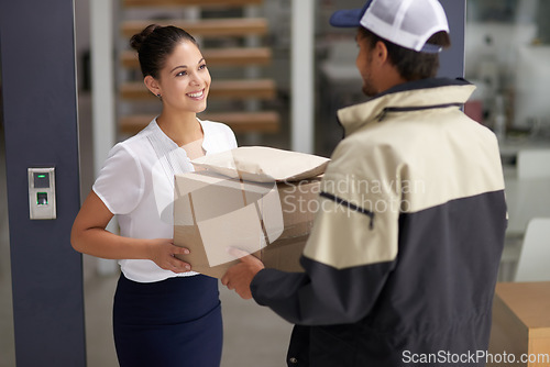 Image of Business, woman and courier with delivery, office and box with shipping, customer and supplier. Female client, male employee or happy entrepreneur with a package, parcel and distribution with service