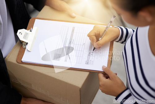 Image of Closeup, clipboard and woman with a package, delivery and logistics with a box, stock and distribution. Zoom, female person and courier with parcel, writing and shipping with supply chain and service