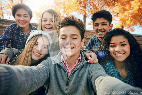 Image of Friends, teenager and group selfie in the park, nature or fall trees and teens smile, picture of friendship and happiness for social media. Portrait, face and happy people together for autumn photo