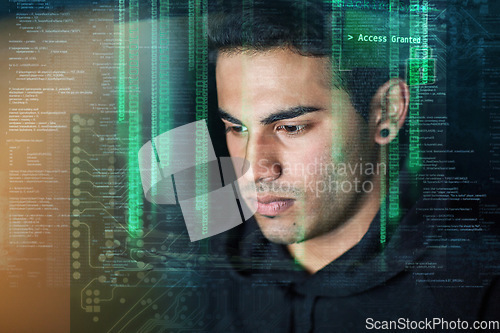 Image of Hacking, coding and digital overlay of man with night software, password access or data programming. Cybersecurity, html code and system or server hacker, programmer or focus person with web database