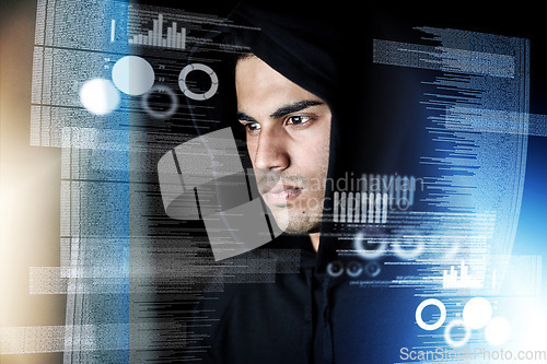 Image of Data analysis, digital overlay and man, hacker or programmer in night hacking, programming or fintech crime. Software coding, information technology and focus person in hoodie for cybersecurity fraud