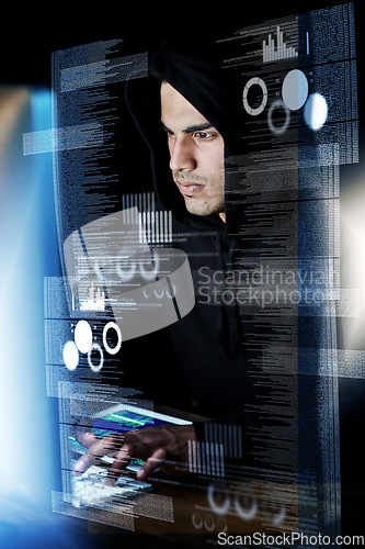 Image of Computer, digital overlay and man, hacker or programmer for night hacking, programming or fintech app crime. Software coding, information technology and focus person in hoodie for cybersecurity fraud