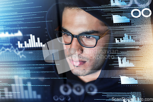 Image of Data, digital overlay and man, hacker or programmer in night hacking, programming analysis or fintech crime. Software coding, information technology and focus person in hoodie for cybersecurity fraud