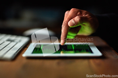 Image of Hacker, man hands and tablet screen for software data, crack code or password and dark room in cybersecurity crime. Online, cyber thief and coding application of person hacking digital technology app