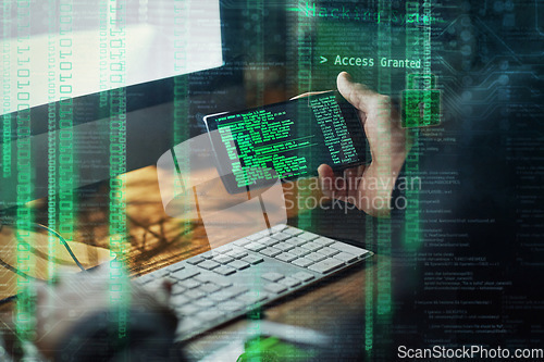 Image of Hacker, man hands and phone screen for software malware, code access and password success in dark room with digital overlay. Online crime, cyber thief and coding person hacking mobile app on computer