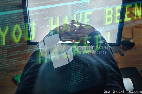 Image of Hacker, man hands and computer screen for software hacking, coding or programming success at night in digital overlay. Code crack, information technology and programmer person stretching on desktop