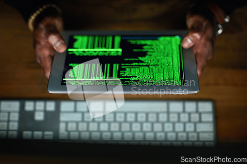 Image of Hacker, man hands and tablet screen for software data, code or password in coding, programming and night office. Online criminal, cyber thief and cybersecurity of person hacking on digital technology