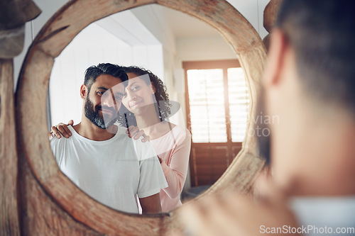 Image of Smile, reflection and morning with couple in mirror for wake up, support and love. Happy, commitment and happiness with man and woman bonding at home for motivation, helping and care together