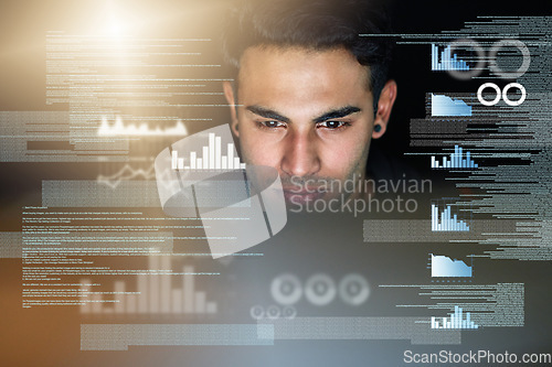 Image of Screen overlay, business man and data analysis of stock market research, graphs or charts analytics in night solution. Trade, digital statistics or software information technology and person thinking