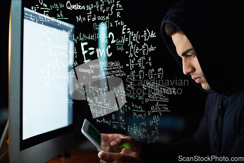 Image of Phone coding, computer and hacker man with software code, password hacking and math or digital overlay. Online crime, cybersecurity and programmer person in hoodie, mobile app or pc and data hologram