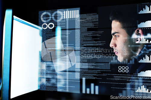 Image of Computer screen, overlay and man in night data analysis, stock market research and graphs or charts solution. Trade, digital statistics or software information technology, focus person and desktop 3d