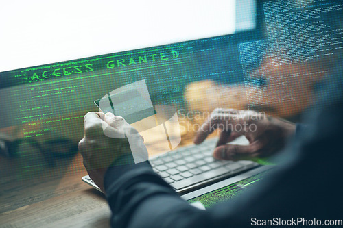 Image of Computer, credit card and man hands for password, crack code or access in digital overlay and night cybersecurity. Fraud, scam and desktop of programmer or hacker person hacking bank or fintech data