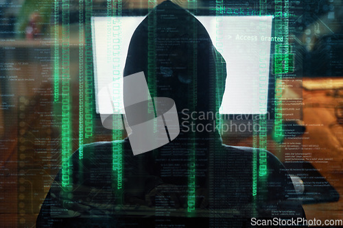 Image of Hacker, man hoodie and computer screen for software hacking, coding or programming at night in digital overlay. Data code, html and programmer or hacker person from behind, cybersecurity and desktop