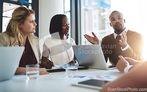 Image of Business people, management and conversation of laptop data with planning and strategy in office. Training, communication and meeting with computer and working on a teamwork project with diversity