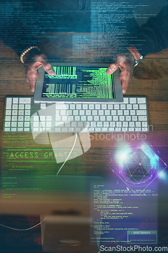 Image of Hacking, man hands and tablet screen with gaming software, code access and password success in data overlay. Online hacker, cyber thief or coding person hacking on digital programming or computer app