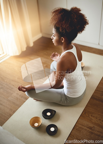 Image of Calm woman, meditation and zen for yoga, spiritual wellness or healthy exercise at home. Female yogi relaxing or meditating on mat in mental wellbeing, mindfulness or awareness for health and fitness