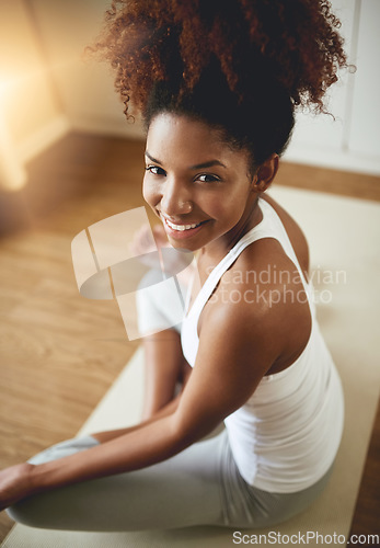 Image of Happy woman, meditation and portrait in yoga for spiritual wellness or healthy exercise at home. African female yogi in meditate, fitness or calm zen workout meditating on mat with smile for health