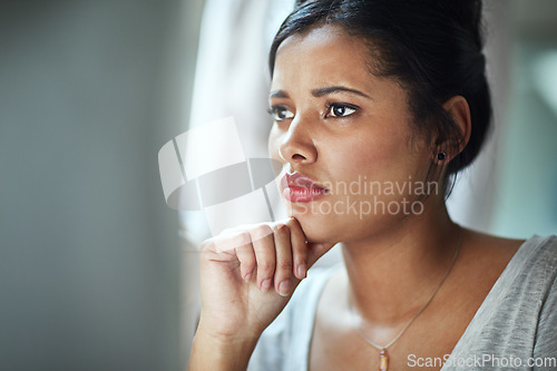 Image of Stress, anxiety and worried business woman online in office with deadline, problem or internet crisis. Risk, worry and face of female person reading email of phishing, scam or 404 notification