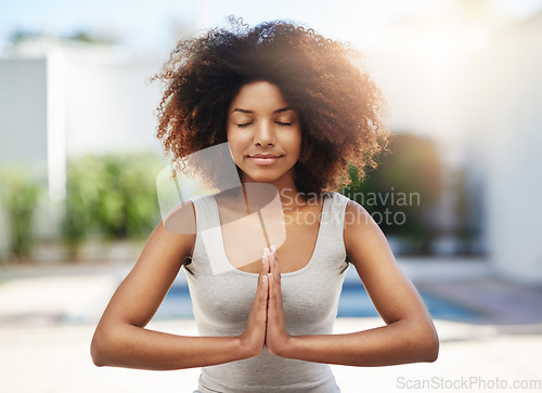 Image of Calm woman, yoga and relax in meditation for zen, spiritual wellness or healthy exercise outdoors. African person in meditate with hands together for chakra, mind or peace for health and fitness