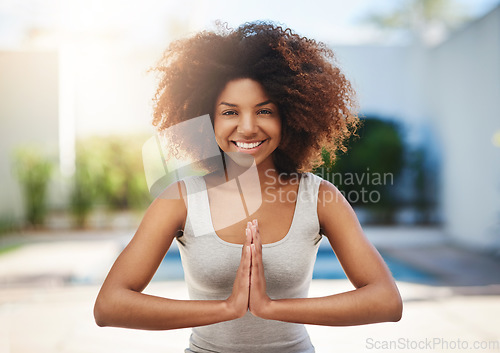 Image of Happy woman, portrait and yoga in meditation for zen, spiritual wellness or healthy exercise outdoors. Calm African female yogi with smile in meditate for training, mind or body in health and fitness