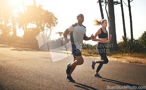 Image of Fitness, running and freedom with couple in road for workout, cardio performance and summer. Marathon, exercise and teamwork with black man and woman runner in nature for sports, training and race