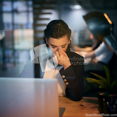 Image of Stress, headache and burnout with a woman programmer working on a laptop in her office for design. Tired, 404 and deadline with a female employee working on system code for software development