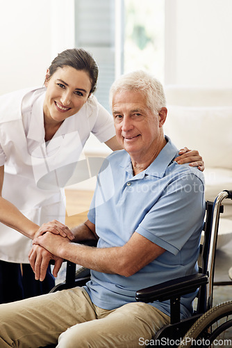 Image of Portrait, nurse and disabled man in wheelchair, medical wellness and support in nursing home. Happy caregiver help disability patient, senior healthcare and smile for empathy in rehabilitation clinic