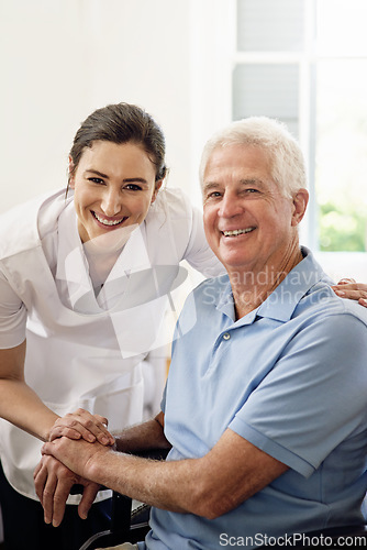 Image of Portrait, nurse and man in wheelchair with a disability, medical wellness and support in nursing home. Happy caregiver caring for senior patient with chronic health condition in rehabilitation clinic