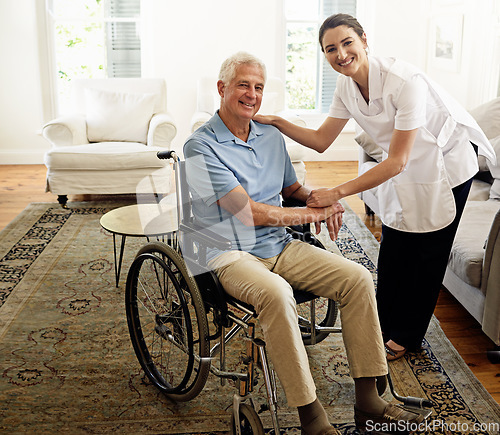 Image of Nursing home, portrait and disabled man in wheelchair, medical wellness and support of nurse. Happy caregiver help disability patient, senior healthcare and smile for empathy in rehabilitation clinic