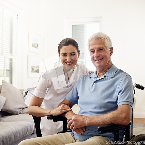 Image of Portrait, caregiver and senior man in wheelchair for medical disability, wellness or support in nursing home. Happy nurse helping disabled patient, elderly and healthcare empathy for rehabilitation