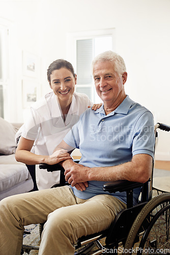 Image of Portrait, nurse and man with disability in wheelchair for medical trust, wellness and support in nursing home. Happy caregiver helping senior patient with chronic health condition in rehabilitation