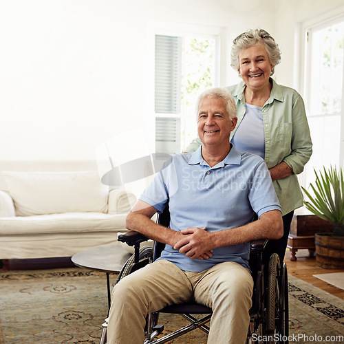 Image of Wheelchair, smile and portrait of senior couple at home for marriage, disability care and helping on weekend. Retirement, health and happy elderly woman and man in house for relax, support and love