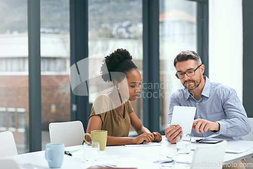 Image of Teamwork, ideas and employees with a tablet, brainstorming and online reading with social media. Staff, black woman or man with technology, email and meeting with collaboration, talking or innovation