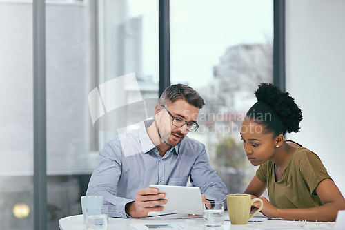 Image of Connection, black woman and man with a tablet, planning and online reading with email, social media and brainstorming. Staff, employees and coworkers with technology, teamwork and share ideas online