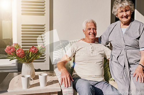 Image of Morning, patio and portrait of senior couple enjoying bonding, quality time and relax on deck. Love, retirement home and happy elderly man and woman smile together for happiness, romance and marriage
