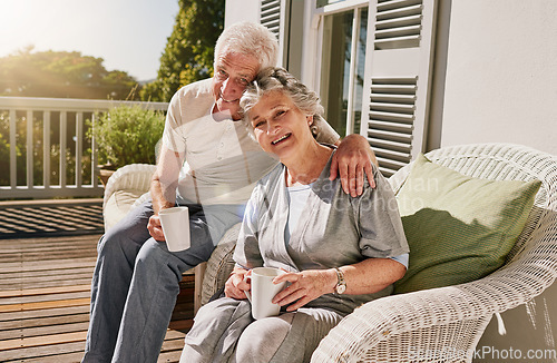 Image of Hug, patio and portrait of senior couple with coffee enjoying bonding, quality time and relax in morning. Love, retirement and elderly man and woman embrace with drink for breakfast outdoors at home