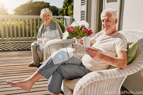 Image of Morning, patio and portrait of senior couple with coffee enjoying bonding, quality time and relax on deck. Love, retirement and elderly man and woman smile with drink for breakfast outdoors at home