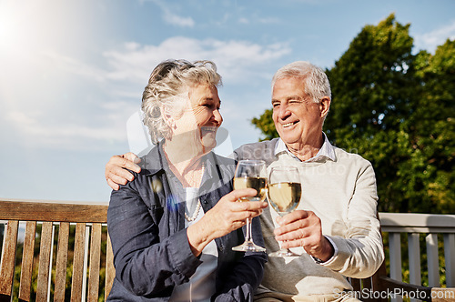 Image of Love, cheers and wine glass, old couple in summer to celebrate romance or anniversary on patio of vacation home. Happiness, senior man and woman with champagne toast, smile and romantic on holiday.