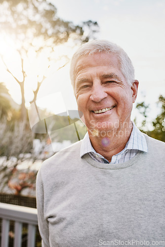 Image of Portrait, old man and smile face or happy retirement and enjoying Sweden outdoors. Senior person, perfect teeth and freedom for country life or pension and vacation or at the park and outside