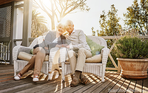 Image of Love, patio and portrait of senior couple with sunrise enjoying bonding, quality time and relax in morning. Marriage, retirement home and elderly man and woman smile with drink for breakfast on deck